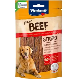 Лакомство для собак Vitakraft Pure Beef Strips 80 г — одноингредиентные говяжьи полоски, без зерна и глютена, для всех пород
