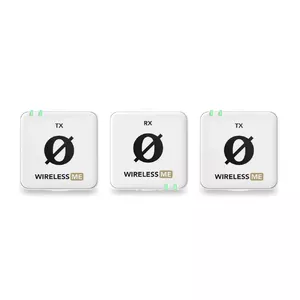 Bezvadu mikrofona sistēma RØDE Wireless ME Dual — noņemami omnidirekcionālie mikrofoni, darbības rādiuss 100 m, 7 h akumulators, 48 kHz/24 bit, balta