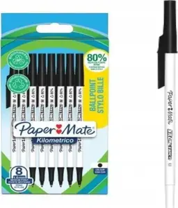 Pildspalva Paper Mate Kilometrico recycled melna — 8 gab., vidēja biezuma uzgalis
