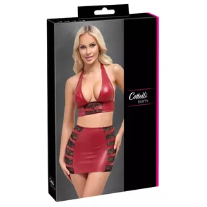 Lingerie set cottelli collection S — Red wet-look halterneck crop top & mini skirt, 85% polyester/15% spandex, lace inserts