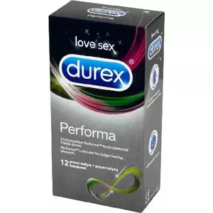 Male condom Durex Performa 12 pcs, transparent, delay effect, 52 mm width