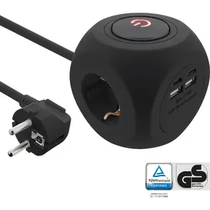 InLine Charging Cube 16499B Strāvas pagarinātājs ar 3 kontaktligzdām, 2 USB-C un 2 USB-A pieslēgvietām, 2m kabelis, melns