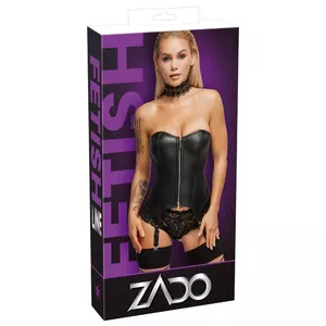Corset ZADO Leather Strapless XS Black with Front Zip, Adjustable Garters, Lacing Back (20010631011)