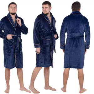 Men's fleece bathrobe Springos HA7386 XXL navy blue with belt