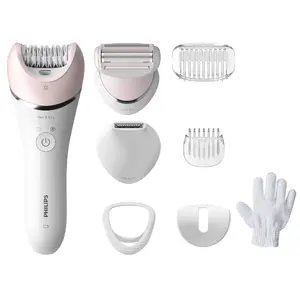 Philips 8000 series Wet and Dry Epilator BRE721/00 with 32 Tweezers, 70400 RPM Rotational Speed, Shaver and Trimmer Heads, Lithium-Ion Battery, Pink and White