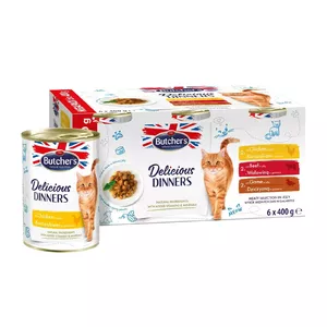 Влажный корм для кошек butcher's Delicious Dinners Meaty selection in jelly 6×400 г — для взрослых, без зерна, курица, 82% влажности