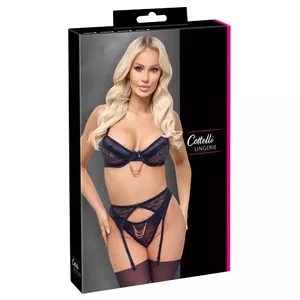 Комплект Cottelli Collection: бюстгальтер с косточками 75B, пояс для чулок и стринги, чёрный, кружево и атлас, съёмная розово-золотая цепочка