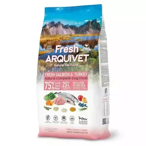 Pusmitrs sausais barība suņiem ARQUIVET Fresh Salmon with Turkey 10 kg — pilnvērtīgs uzturs pieaugušiem suņiem, 27% proteīna, 17% tauku