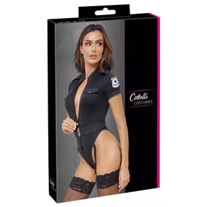 Cottelli Collection Police Body S, model 24710511021 — black stretch suspender bodysuit, high collar, half-sleeves, removable adjustable suspenders, 90% polyester/10% spandex