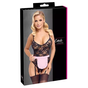 Cottelli Collection Мэйд боди L черный, кэтсьют с открытой промежностью, кружевный с отстегивающимися подтяжками, регулируемые лямки, фартучек, 90% полиамид/10% спандекс