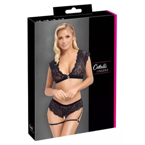 Atvērtas biksītes Cottelli Collection M Black — mežģīnes, augsts griezums, regulējami augšstilbu siksniņi, 90% poliamīds 10% elastāns