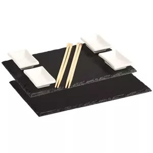 Sushi serving set KESPER DE7638140 — slate trays 30×20 cm, 5 pairs bamboo chopsticks, 4 porcelain sauce dishes