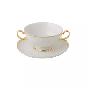 Kausiņš ar šķīvīti Quality Ceramic PRIMA GOLD BULJONA TH04402602 — 280 ml kauss, 16 cm šķīvītis, keramika