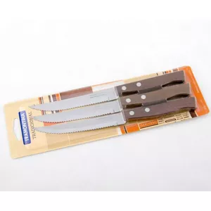 Set of 3 Steak Knives Tramontina BR0122200/305 — Stainless Steel Serrated Blades with Wood Handles