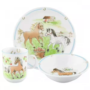 Toddler feeding set Seltmann Weiden — porcelain plate 16 cm, plate 19 cm, cup 250 ml, pony pattern