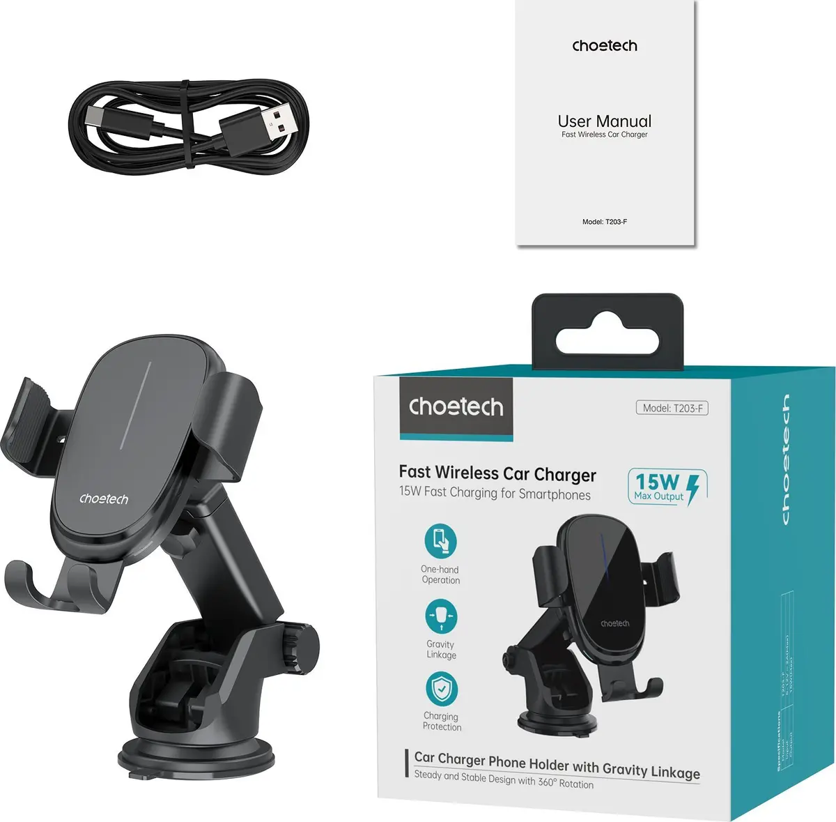 CHOETECH Autoturētājs ar bezvadu lādētāju T203-F