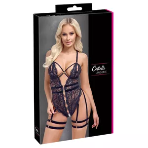Cottelli Collection bodijs M melns mežģīņu, bez biksītēm, noņemami zeķu turētāji, samta regulējamas siksnas, izm. M