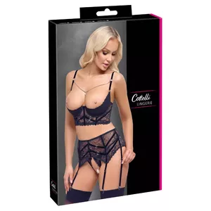 Комплект Cottelli Collection Shelf Bra Set 80B/M черный — длинный бюстгальтер на каркасах, пояс-подвязки, бесшовная стринги, кружево