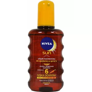 Iesauļošanās eļļas sprejs Nivea Sun SPF 6 200 ml — eļļa ādas iedegumam, zema UV aizsardzība