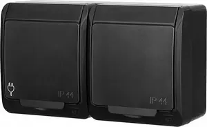 Wall-mounted IP44 double weatherproof socket with grounding 2×2P+Z Schuko, ELEKTROPLAST 0325-09 (black)