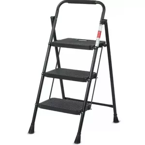 Folding aluminum portable ladder LAMART LT8097 — 3-step compact household ladder, max load 150 kg, black