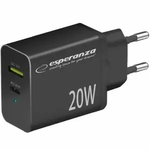 Wall charger ESPERANZA EZC105K Type-C 20W USB PD / QC3.0 18W, 1x USB-C + 1x USB-A, 100–240V, black