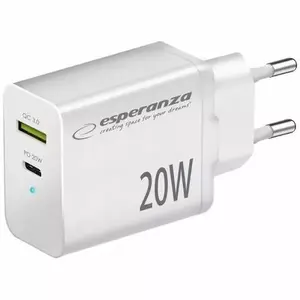 Wall charger ESPERANZA EZC105W USB Type-C 20W and USB QC3.0 18W dual-output, 100–240V, white