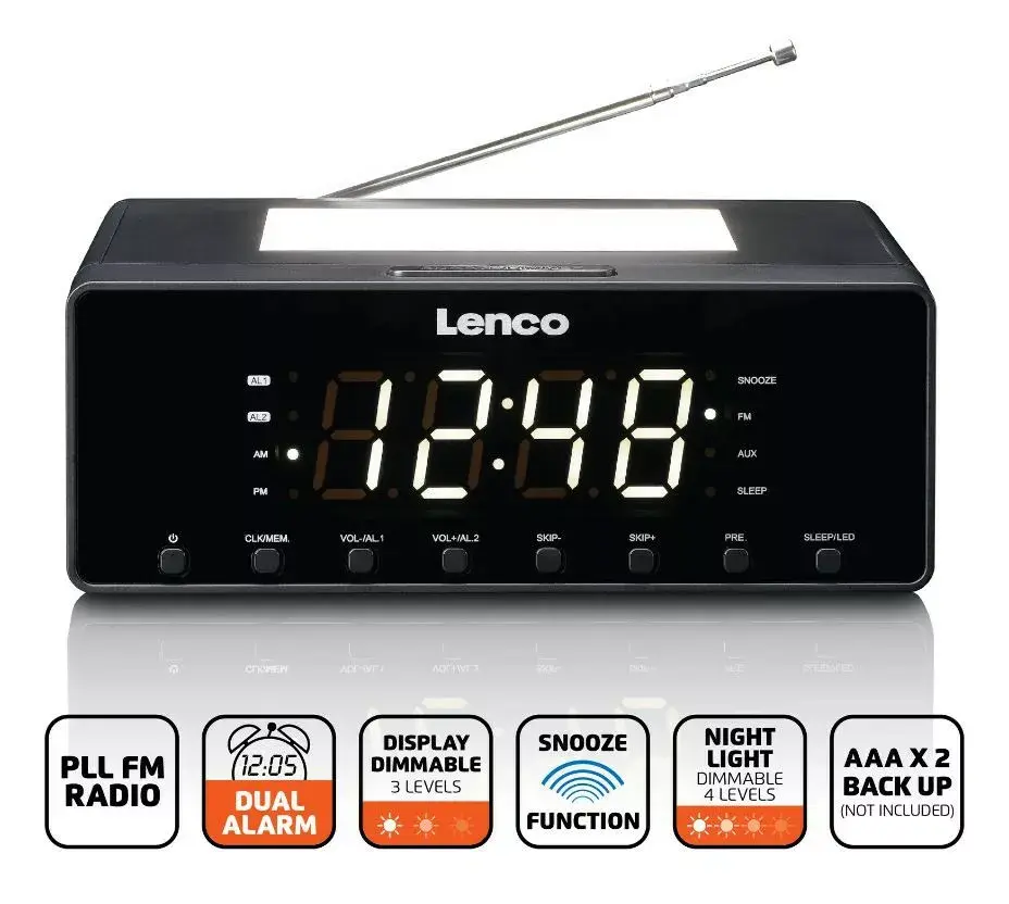 Lenco CR540BK pulkstenis-radio — FM modinātājs ar USB Photo 4