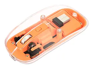 Manhattan Transparent Rechargeable Wireless Mouse, Clear and Orange, Adjustable 800/1200/1600 DPI, RGB LED Illumination, 2.4 GHz RF Wireless with USB-A Micro Receiver, Optical Sensor, Ambidextrous Slim Design, Four Buttons and Scroll Wheel, Built-in Lithium-Ion Battery