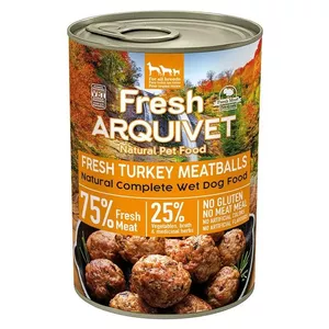 Mitrs suņu barības ARQUIVET Fresh Turkey Meatballs 400 g — pilnvērtīga konservēta barība pieaugušiem suņiem, bez graudiem, bez lipekļa
