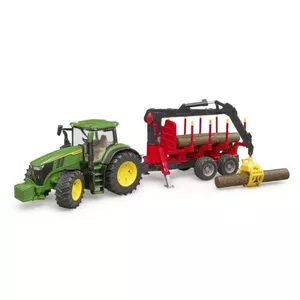Tractor BRUDER John Deere 7R 350 with forestry trailer and 4 trunks