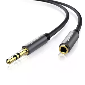 Audio pagarinājuma kabelis UGREEN 10592 — 1 m, 3,5 mm vīrietis uz sievieti, zelta pārklājuma kontakti, melns