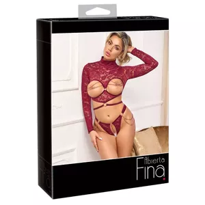 Open Top & Thong lingerie set abierta fina model 22513293041 — open-cup long-sleeve top, crotchless thong, dark red lace, removable chains, 90% polyamide