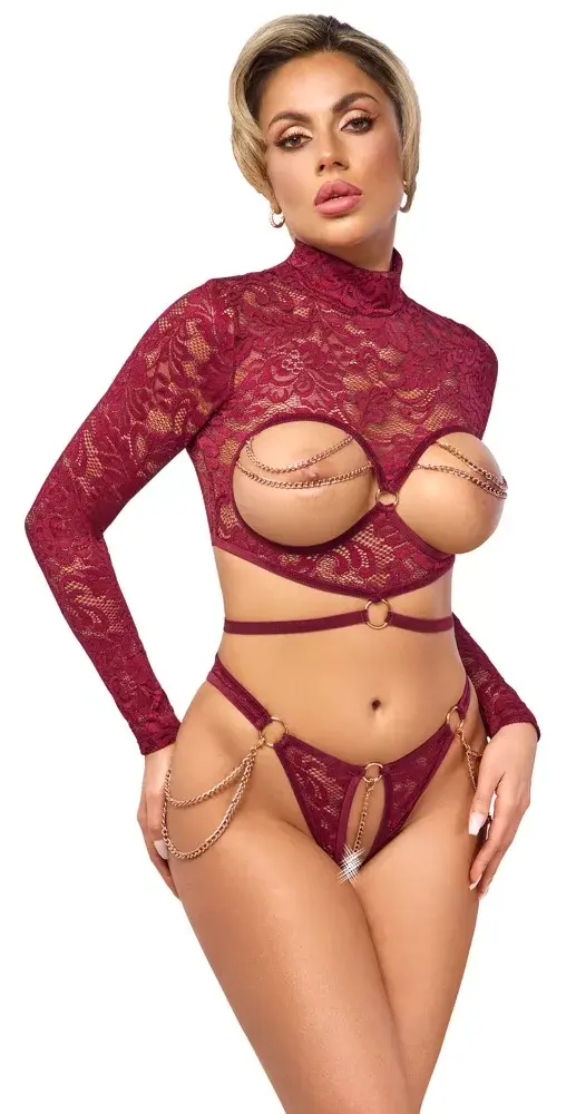 Lingerie set abierta fina Open Top & Thong Abierta Fina XL Red Photo 3