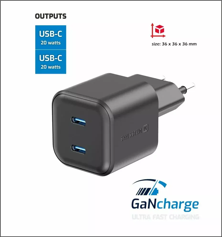 Зарядное SWISSTEN Travel GaN PD 2x USB-C 20W Photo 2