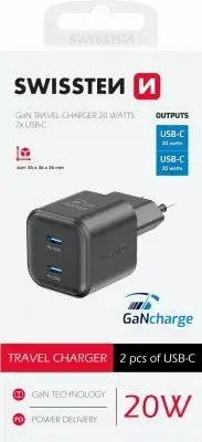 Зарядное SWISSTEN Travel GaN PD 2x USB-C 20W Photo 3