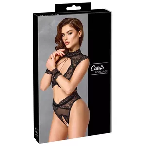 Набор бондажный Cottelli Collection XL чёрный — бюстгальтер, трусики без шагового шва, воротник, кружевные фиксаторы, 90% полиамид/10% спандекс