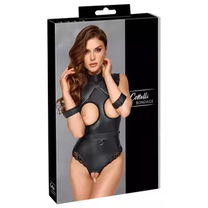 Cottelli Collection Bondage Body M Black — sleeveless crotchless bodysuit, removable restraint belt, stand-up collar, 90% polyester/10% spandex