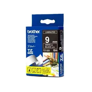Brother Gloss Laminated Labelling Tape TZ325 White on Black 9mm 8m