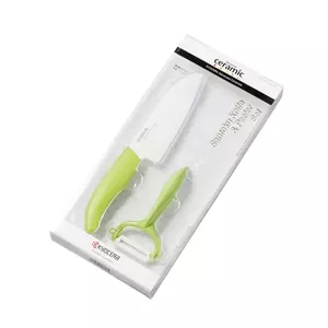 Kitchen knife and peeler set Kyocera FK140CP10NGR — ceramic Santoku knife 14 cm blade, green handle, plus ceramic peeler