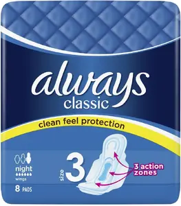 Higiēniskās spilventiņi always ALWAYS CLASSIC NIGHT SKRZ 8 — nakts spilventiņi, iepakojumā 8 gab.