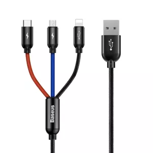 USB cable Baseus CAMLT-BSY01 1.2 m — USB A to 3× USB-C, 3 A, nylon jacket, black/red/blue