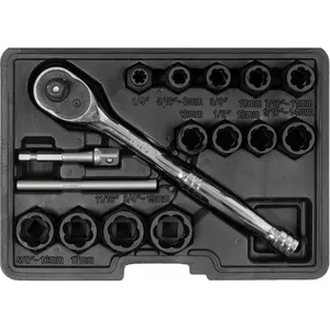 Screw/Bolt Extractor Set YATO YT-05897, Steel, 16 pcs, 3/8" ratchet, 72T, sockets 8–19 mm, extension bar