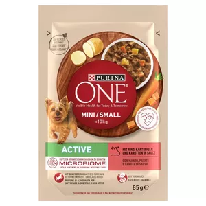 Влажный корм для собак Purina Nestlé One Mini/Small Active Beef 85 г — для взрослых мелких пород, влагa 76,4%, белок 12,5%