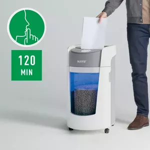 Paper shredder LEITZ IQ OptiMax Office P5 — cross-cut P-5, 35 L bin, 22.3 cm working width, 10-sheet capacity