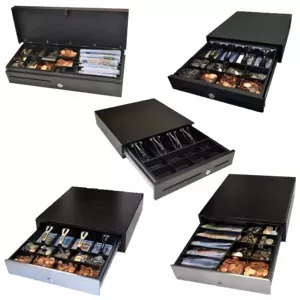 Cash drawer APG ECD410B-BLK black — heavy-duty retail till drawer, 4 adjustable bill slots, 8 coin compartments