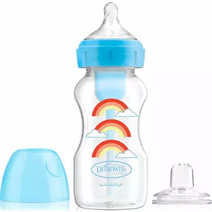 Wide-neck baby bottle DRBROWNS 270 ml with nipple and spout, rainbow design, for 6+ months