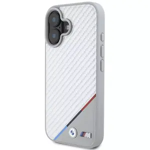 Protective hard case BMW for iPhone 16 6.1" Grey Carbon with Tricolor Line, MagSafe compatible