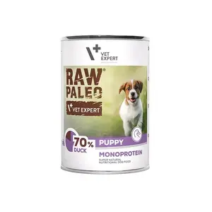 Wet dog food VETEXPERT RAW PALEO Puppy Monoprotein Duck 400 g, moisture 74.8%, protein 9.6%, fat 10.6%