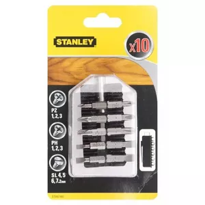 Screwdriver bit set STANLEY STA61481 — 10 pcs, Phillips P H PZ 1/2/3, slotted 4.5/6/7.2 mm, hex shank